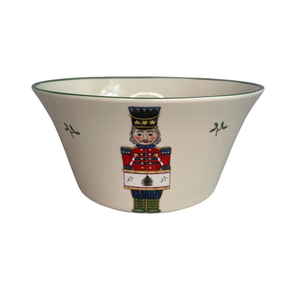 Christmas Ceramic Bowl With Tree & Nutcracker Design Green Trim Holiday Decor